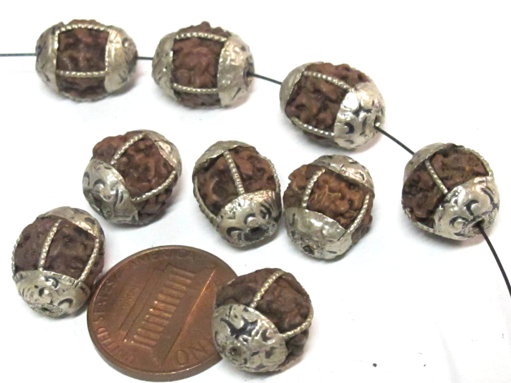 10 Beads - Nepal Rudraksha mala making beads encased in tibetan silver floral cap grooved wire inlaid melon design bead - NB058B