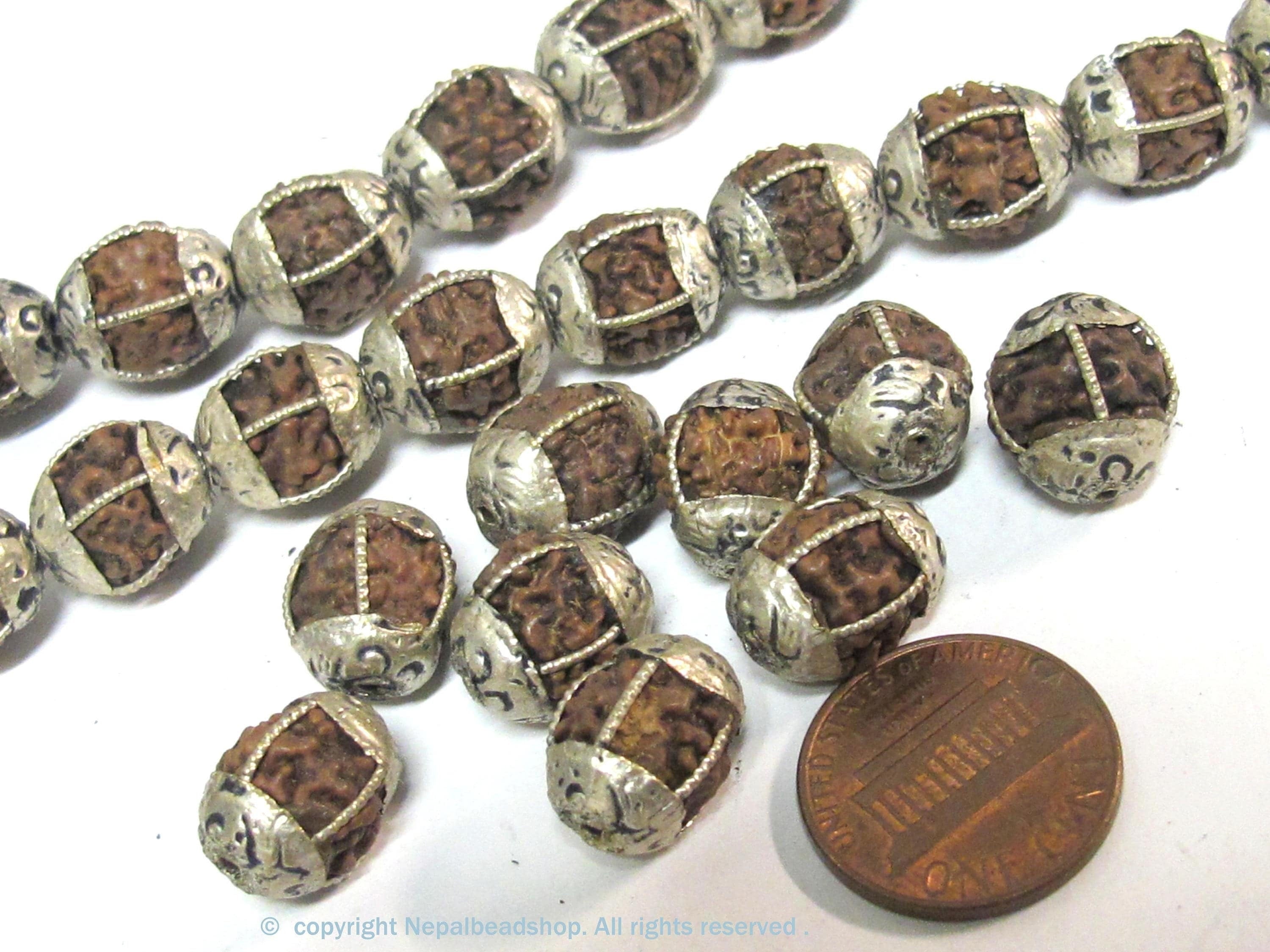 10 Beads - Nepal Rudraksha mala making beads encased in tibetan silver floral cap grooved wire inlaid melon design bead - NB058B