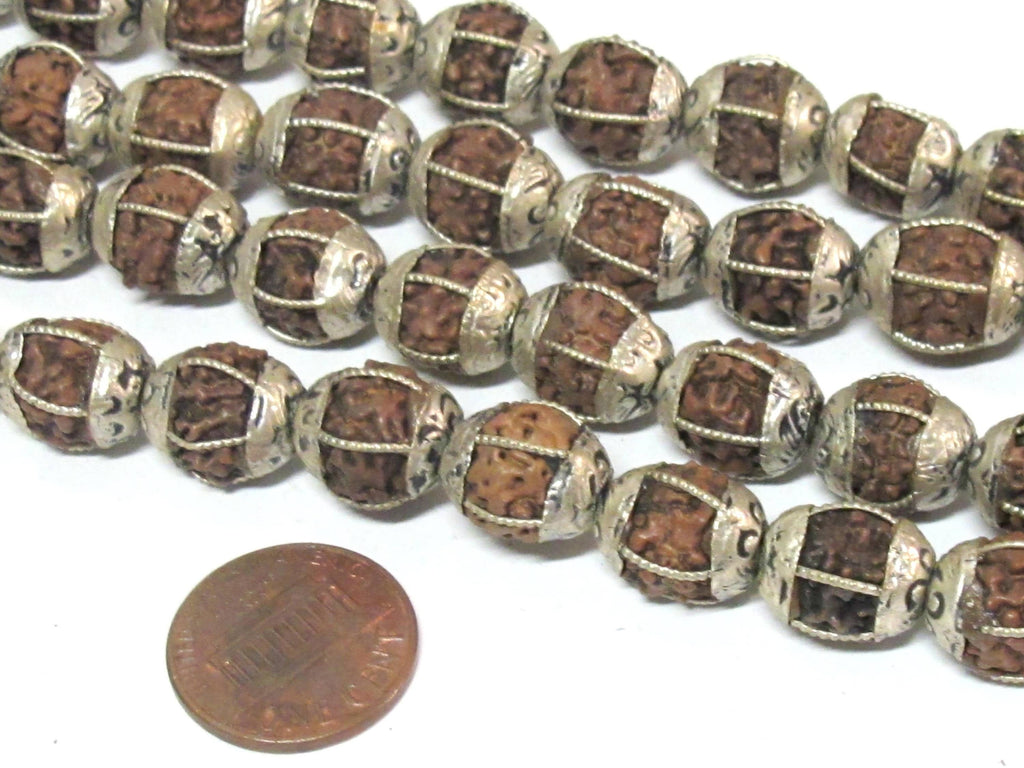 10 Beads - Nepal Rudraksha mala making beads encased in tibetan silver floral cap grooved wire inlaid melon design bead - NB058B