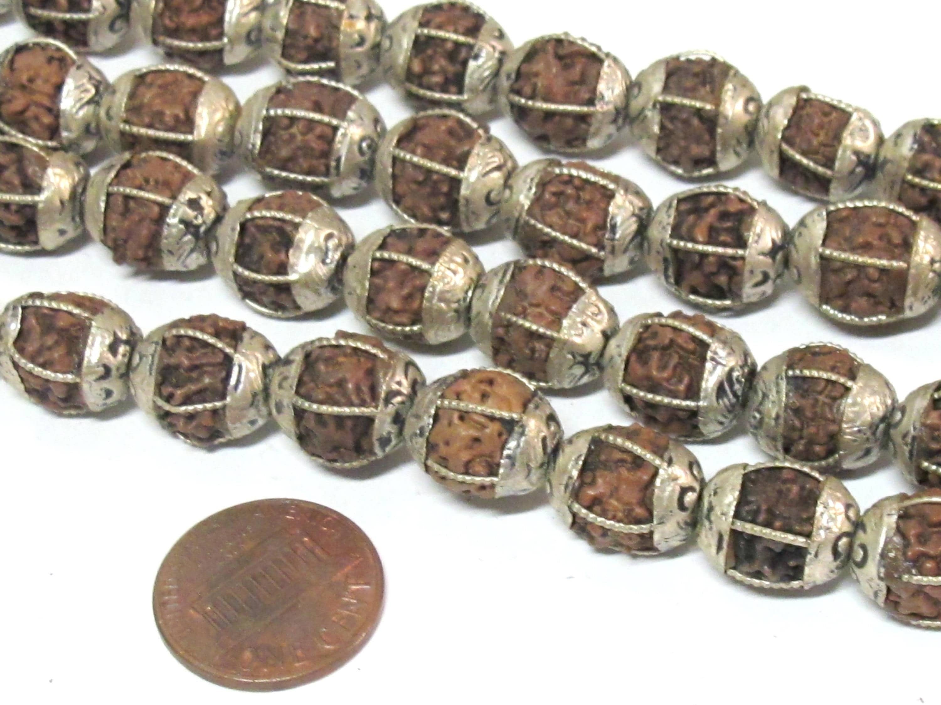 10 Beads - Nepal Rudraksha mala making beads encased in tibetan silver floral cap grooved wire inlaid melon design bead - NB058B