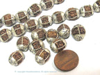 10 Beads - Nepal Rudraksha mala making beads encased in tibetan silver floral cap grooved wire inlaid melon design bead - NB058B