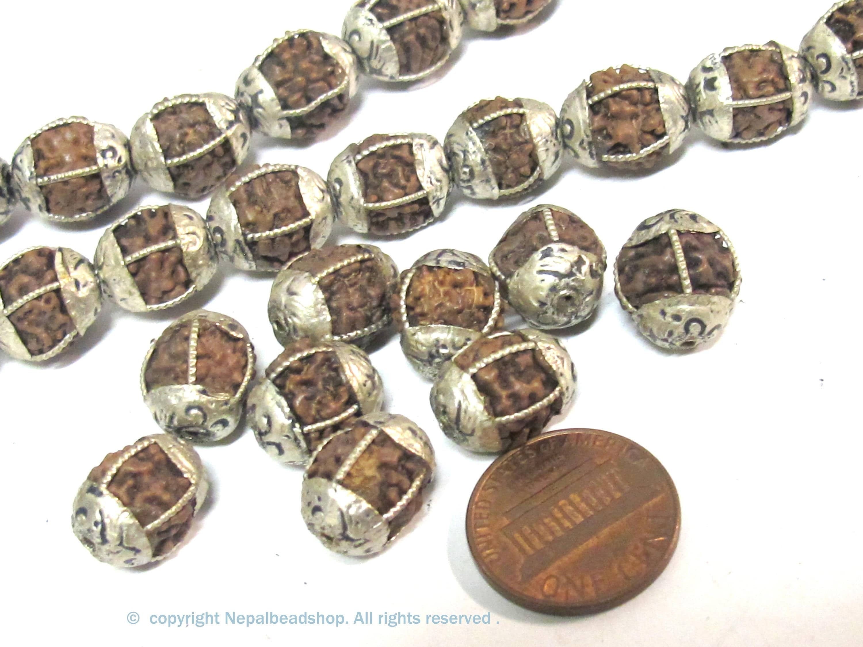 10 Beads - Nepal Rudraksha mala making beads encased in tibetan silver floral cap grooved wire inlaid melon design bead - NB058B