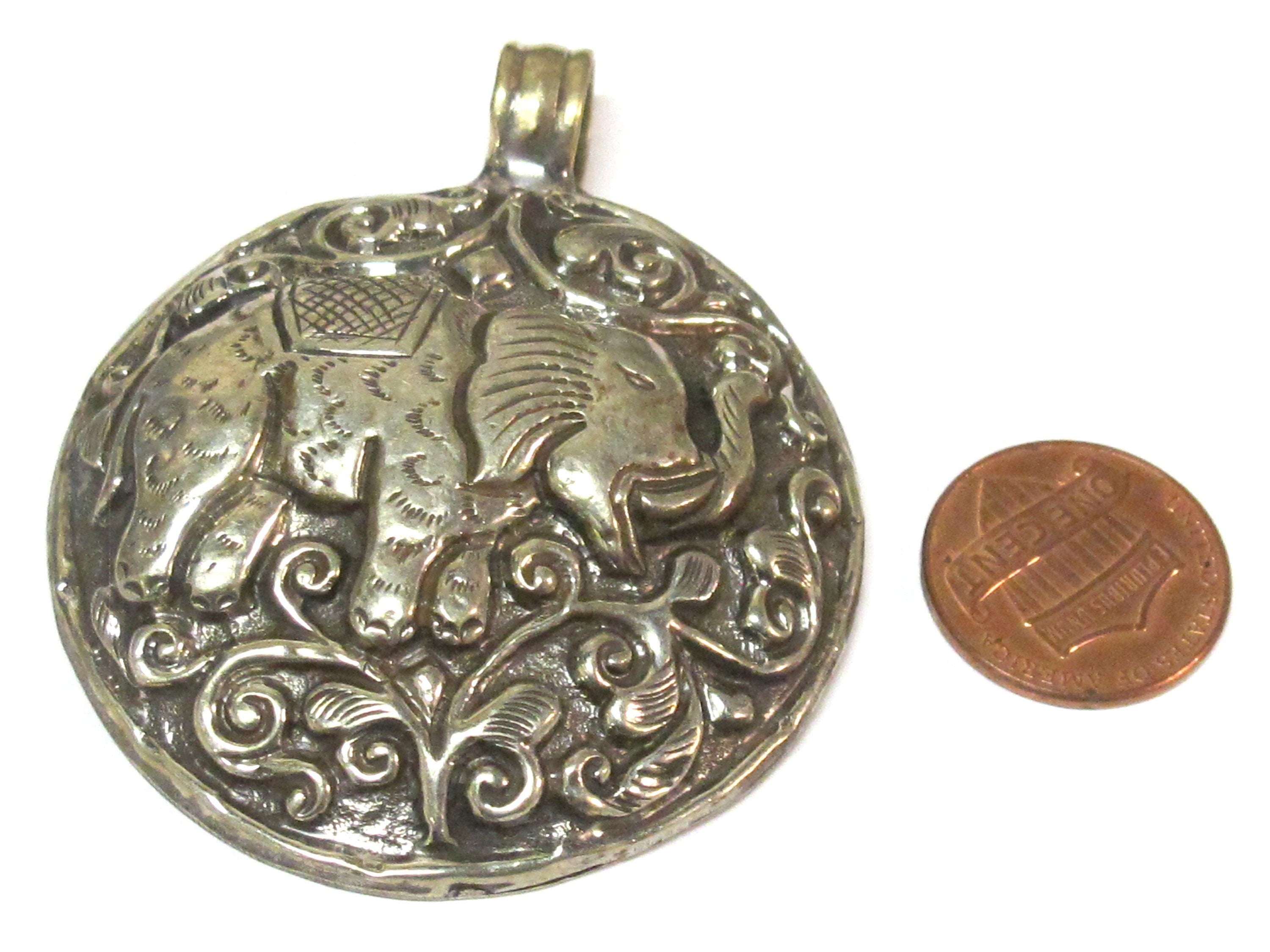 1 pendant - Gorgeous Tibetan elephant pendant antiqued silver color finish with reverse side carvings - PM351C