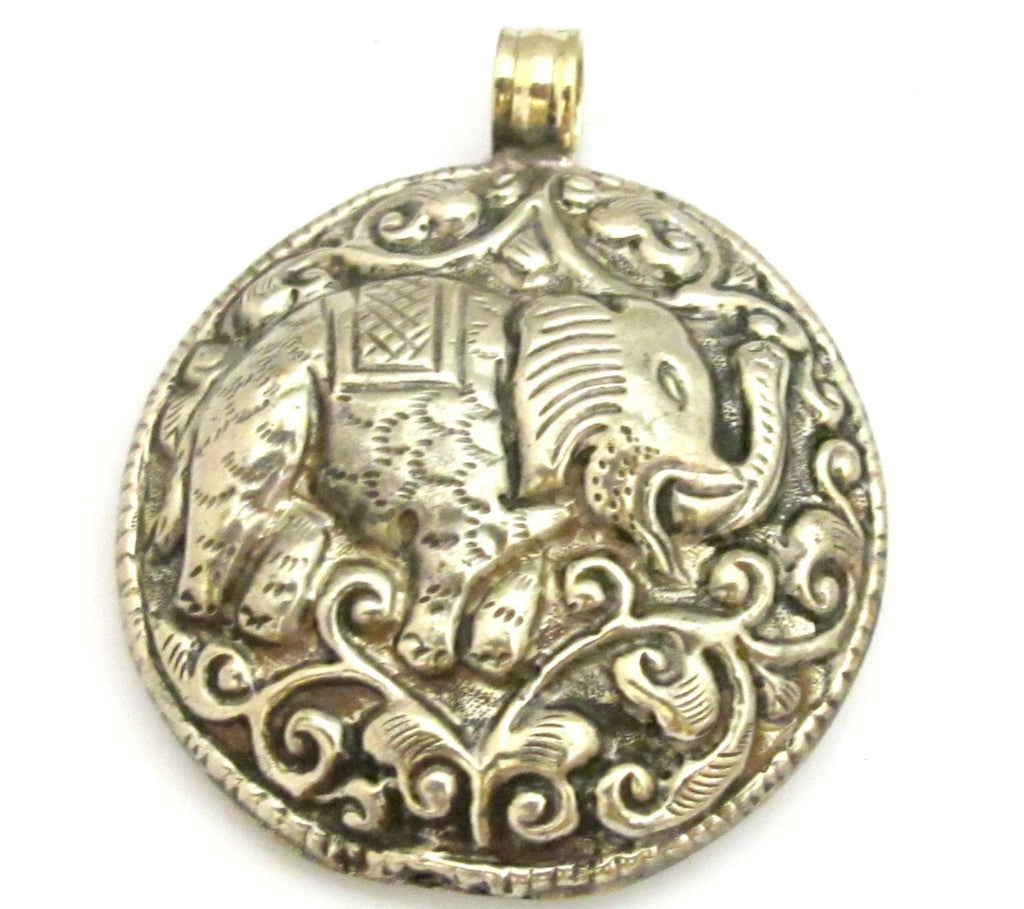 1 pendant - Gorgeous Tibetan elephant pendant antiqued silver color finish with reverse side carvings - PM351C