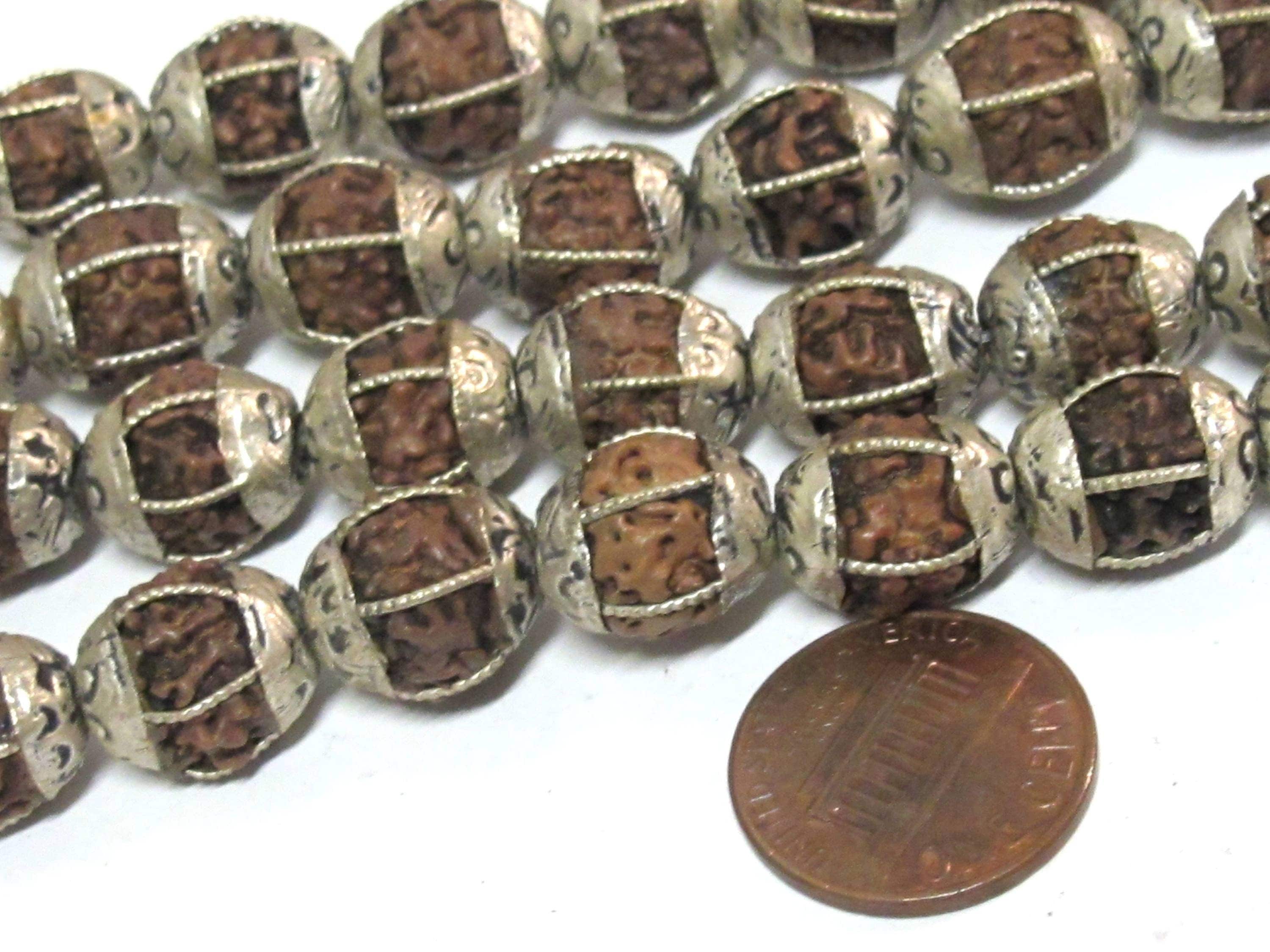 4 Beads - Nepal Rudraksha mala making beads encased in tibetan silver floral cap melon design bead - NB058B Nepalbeadshop