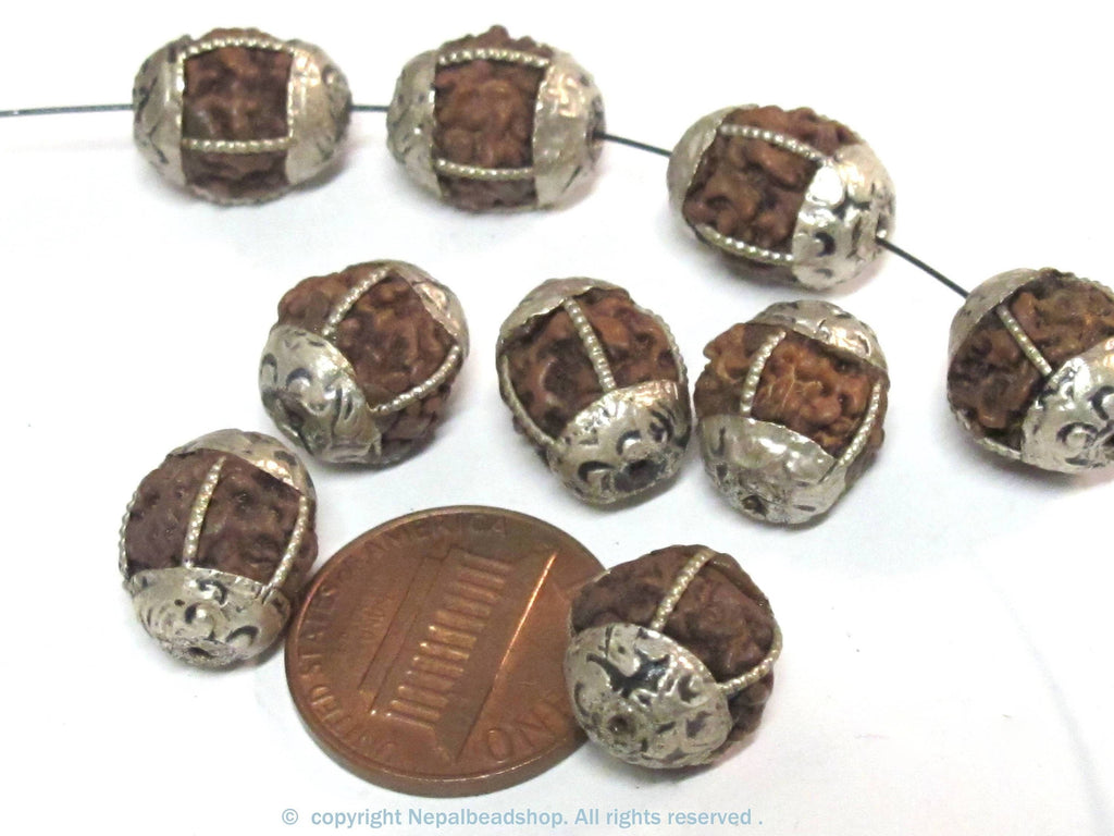 4 Beads - Nepal Rudraksha mala making beads encased in tibetan silver floral cap melon design bead - NB058B Nepalbeadshop