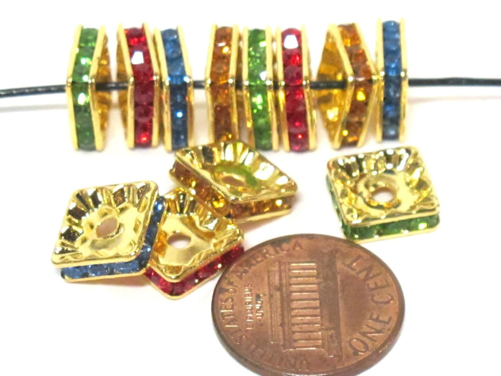 8 Beads - Sparkly bling crystal rhinestone inlaid gold color square brass frame beads - 10 mm size - BD947