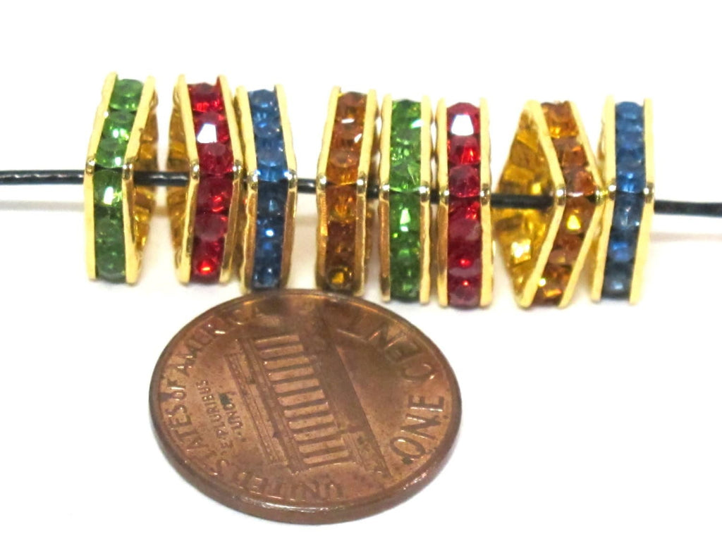 8 Beads - Sparkly bling crystal rhinestone inlaid gold color square brass frame beads - 10 mm size - BD947