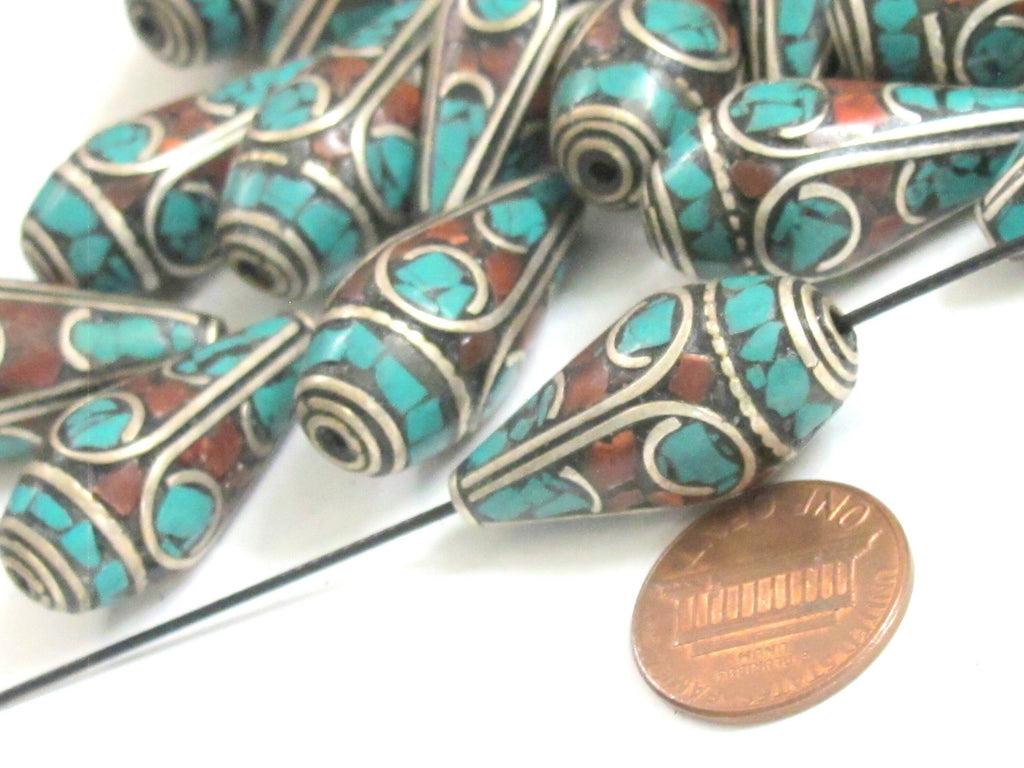 2 Beads - Beautiful Tibetan silver color finish conical design turquoise inlaid ethnic cone beads - BD983