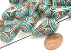 2 Beads - Beautiful Tibetan silver color finish conical design turquoise inlaid ethnic cone beads - BD983