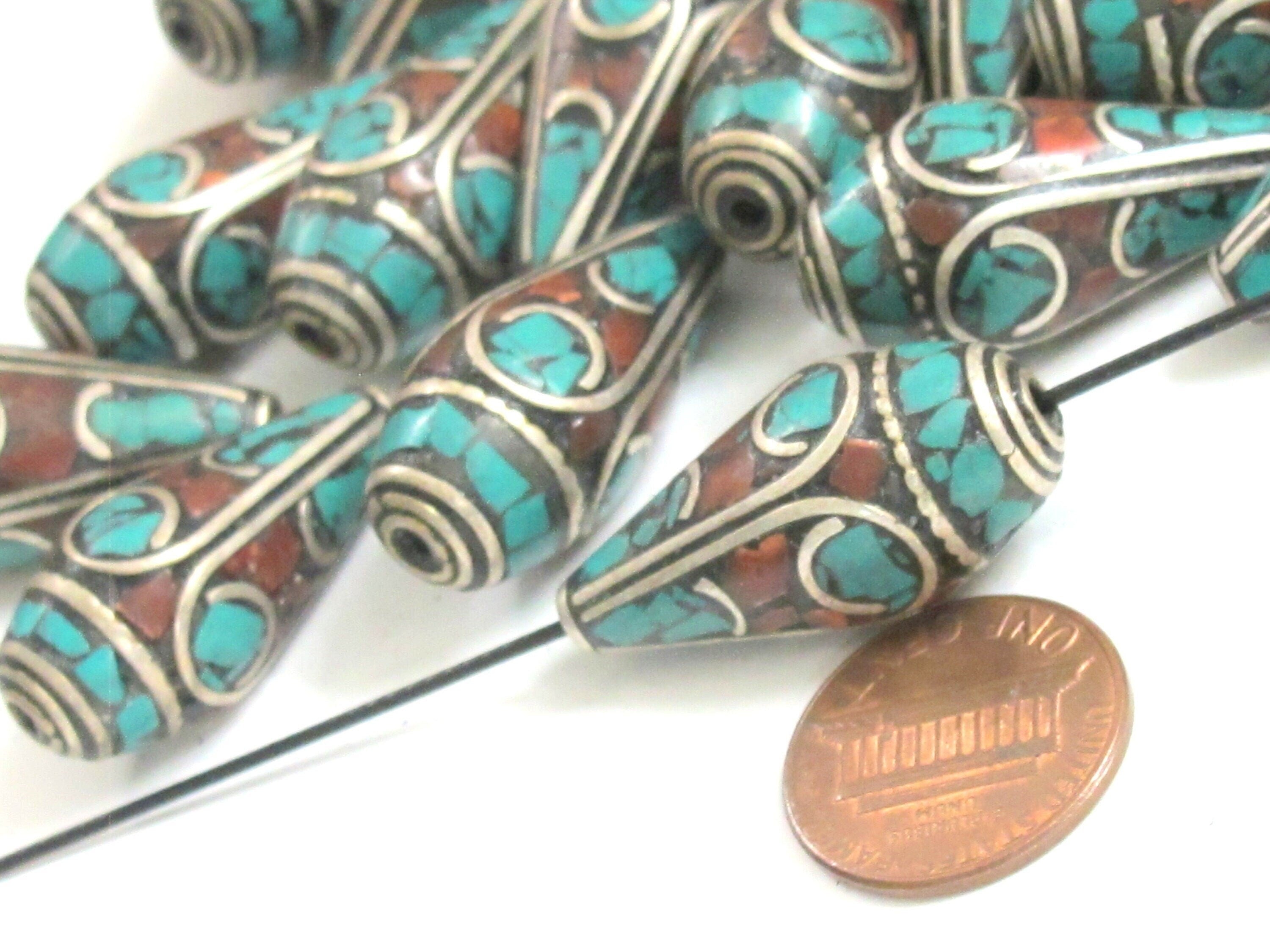 2 Beads - Beautiful Tibetan silver color finish conical design turquoise inlaid ethnic cone beads - BD983