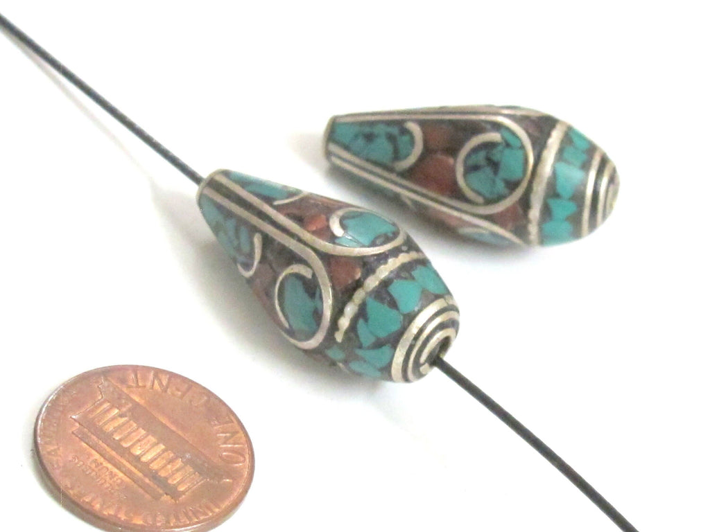 2 Beads - Beautiful Tibetan silver color finish conical design turquoise inlaid ethnic cone beads - BD983