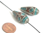 2 Beads - Beautiful Tibetan silver color finish conical design turquoise inlaid ethnic cone beads - BD983
