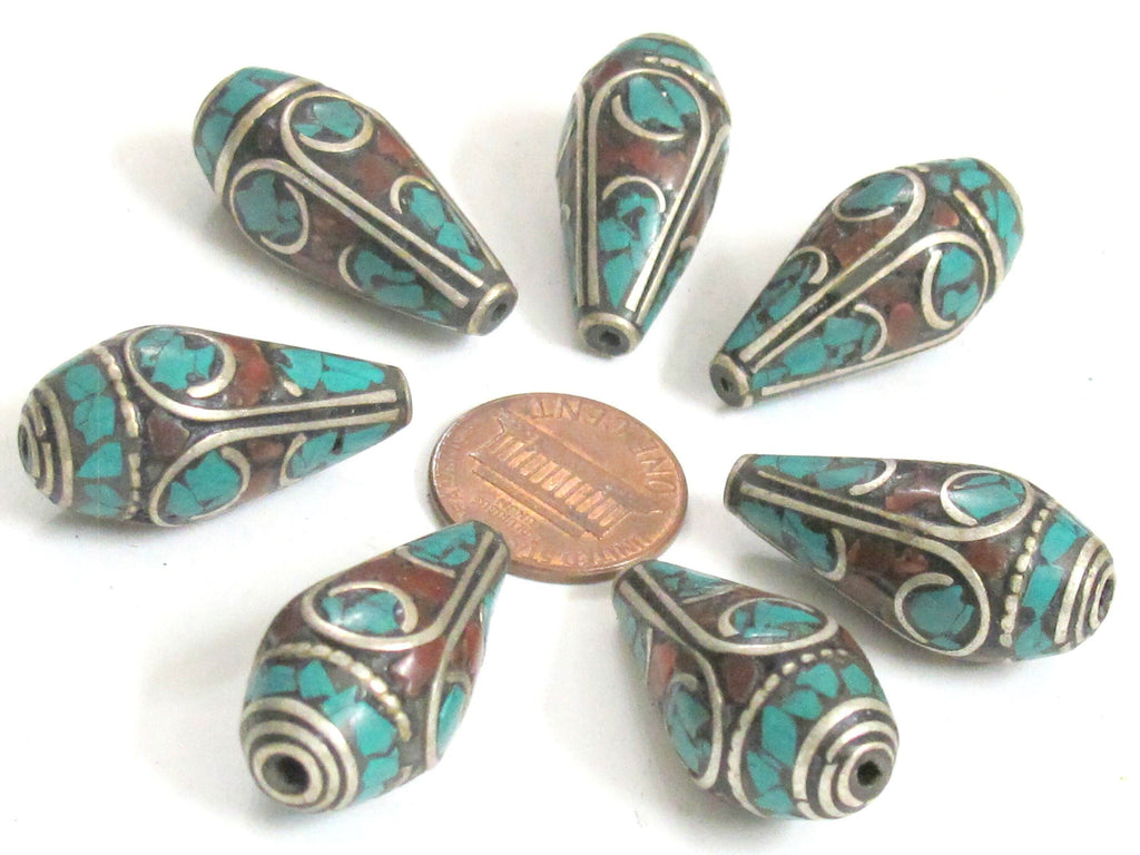 2 Beads - Beautiful Tibetan silver color finish conical design turquoise inlaid ethnic cone beads - BD983