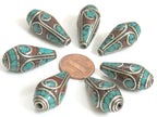 2 Beads - Beautiful Tibetan silver color finish conical design turquoise inlaid ethnic cone beads - BD983