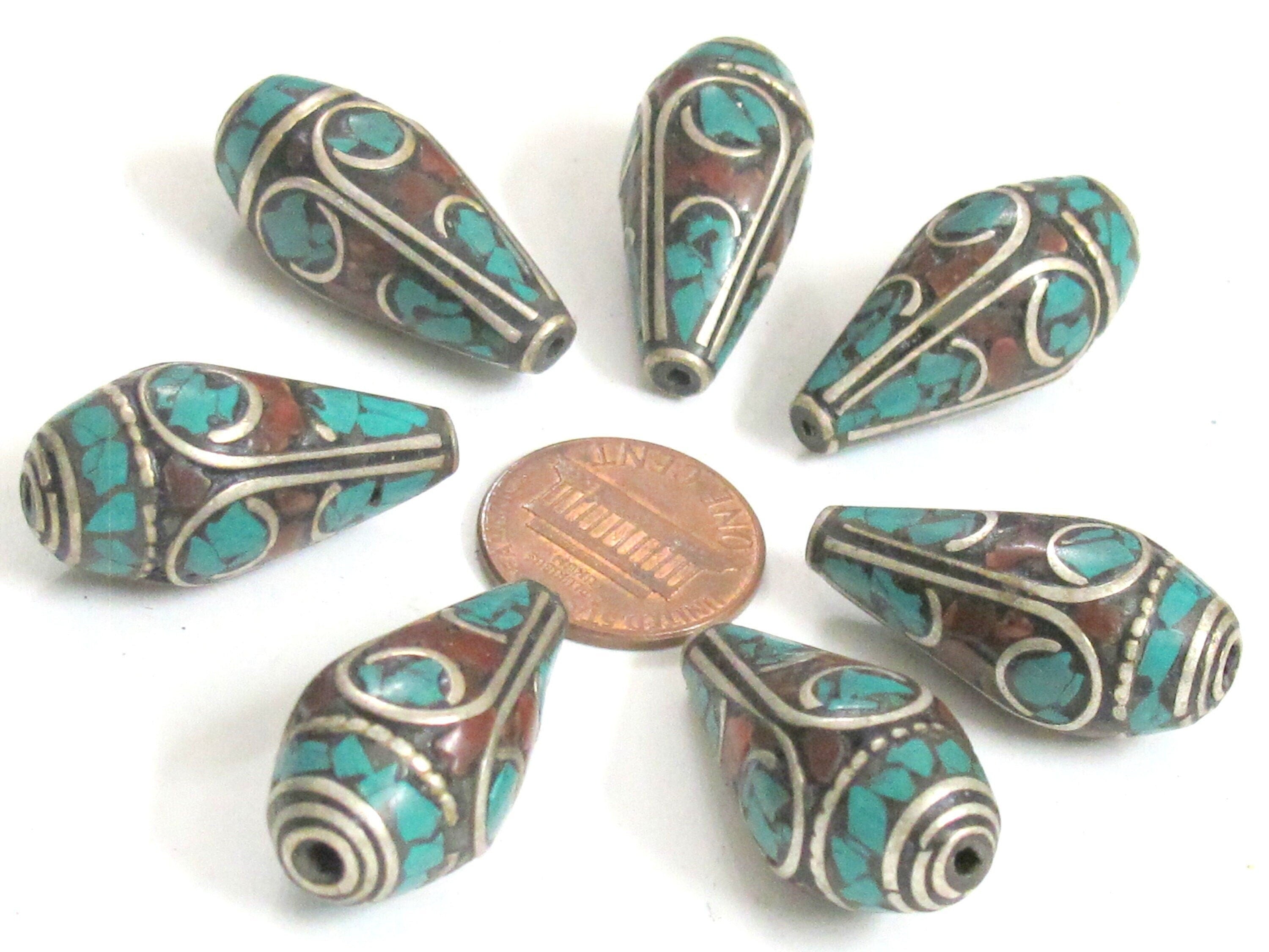 2 Beads - Beautiful Tibetan silver color finish conical design turquoise inlaid ethnic cone beads - BD983