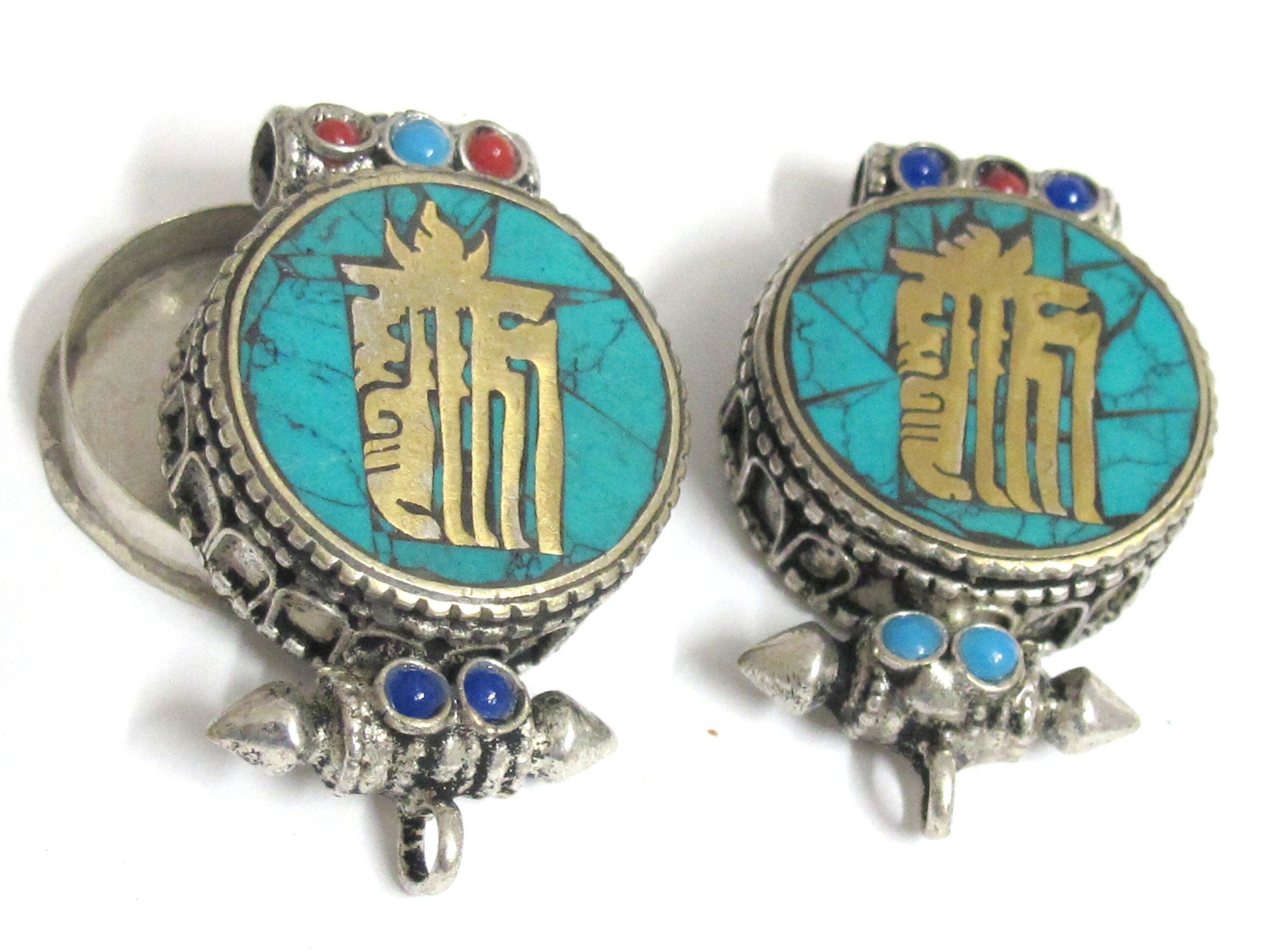 1 pendant - Tibetan antiqued silver finish turquoise brass inlaid Ghau prayer box kalachakra mantra pendant Nepal - PM527L