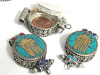 1 pendant - Tibetan antiqued silver finish turquoise brass inlaid Ghau prayer box kalachakra mantra pendant Nepal - PM527L