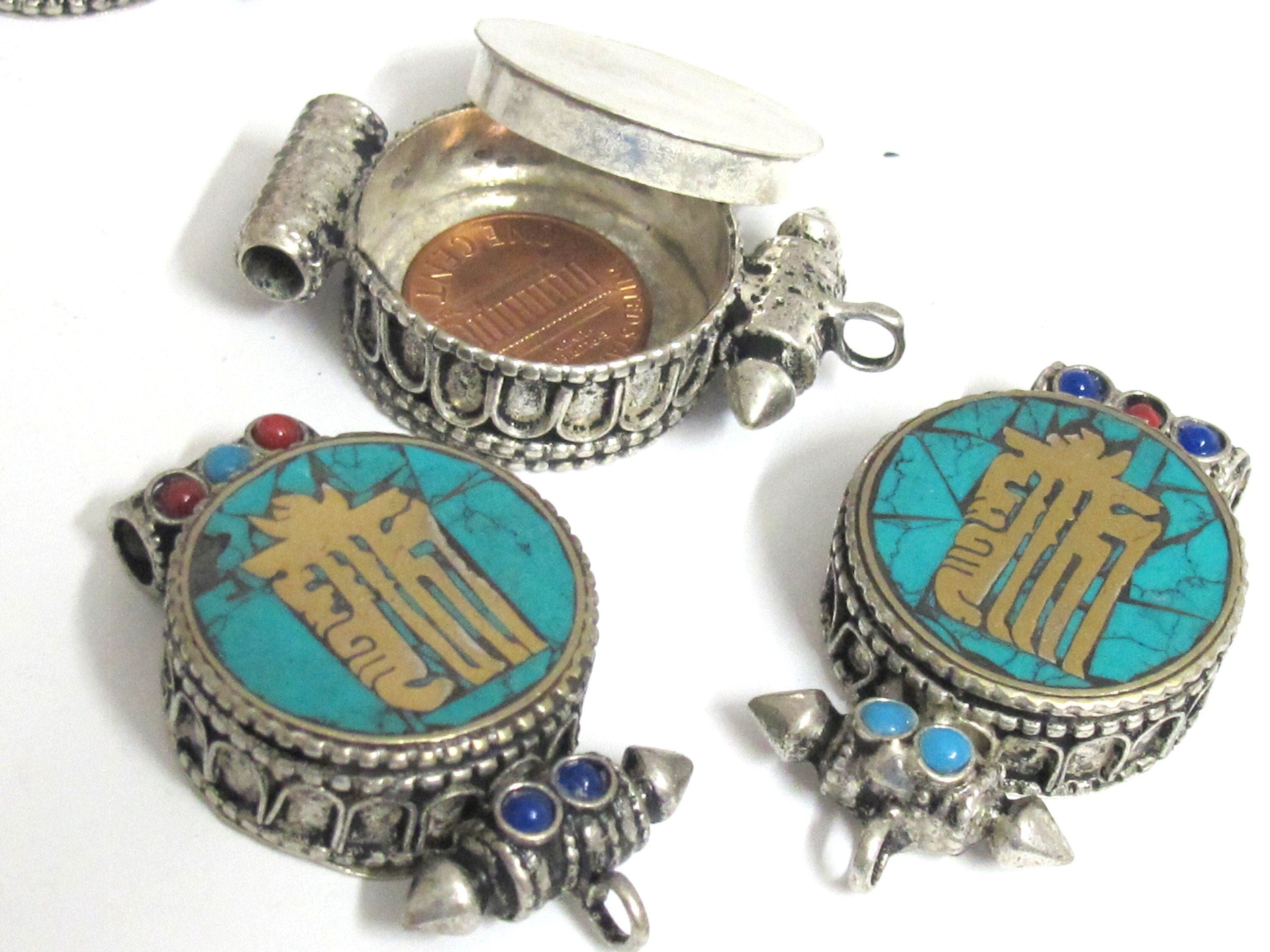 1 pendant - Tibetan antiqued silver finish turquoise brass inlaid Ghau prayer box kalachakra mantra pendant Nepal - PM527L