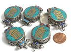 1 pendant - Tibetan antiqued silver finish turquoise brass inlaid Ghau prayer box kalachakra mantra pendant Nepal - PM527L
