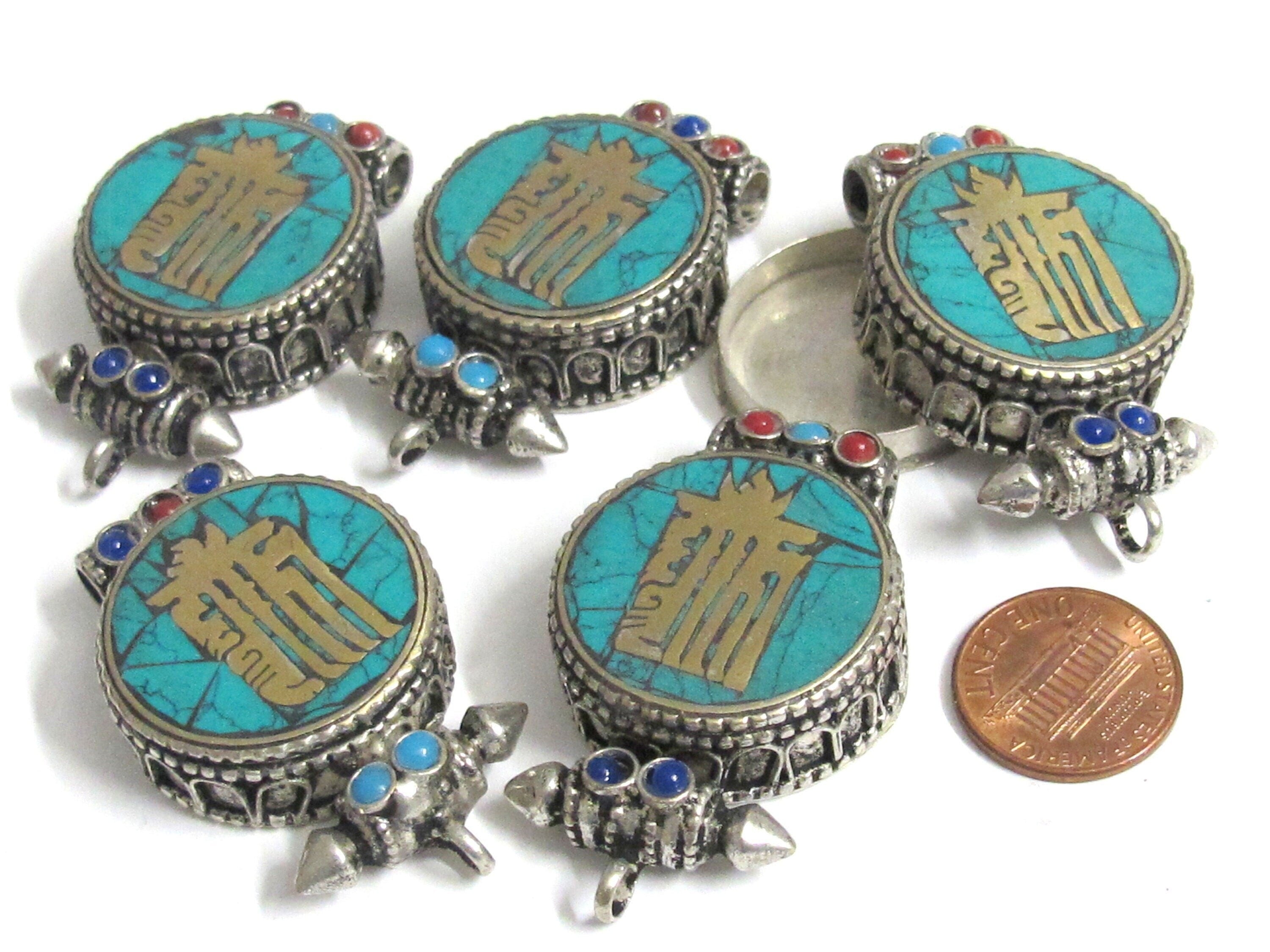 1 pendant - Tibetan antiqued silver finish turquoise brass inlaid Ghau prayer box kalachakra mantra pendant Nepal - PM527L