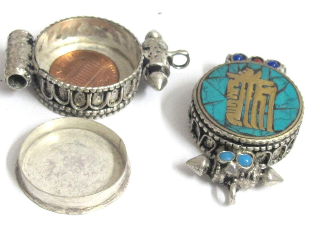 1 pendant - Tibetan antiqued silver finish turquoise brass inlaid Ghau prayer box kalachakra mantra pendant Nepal - PM527L