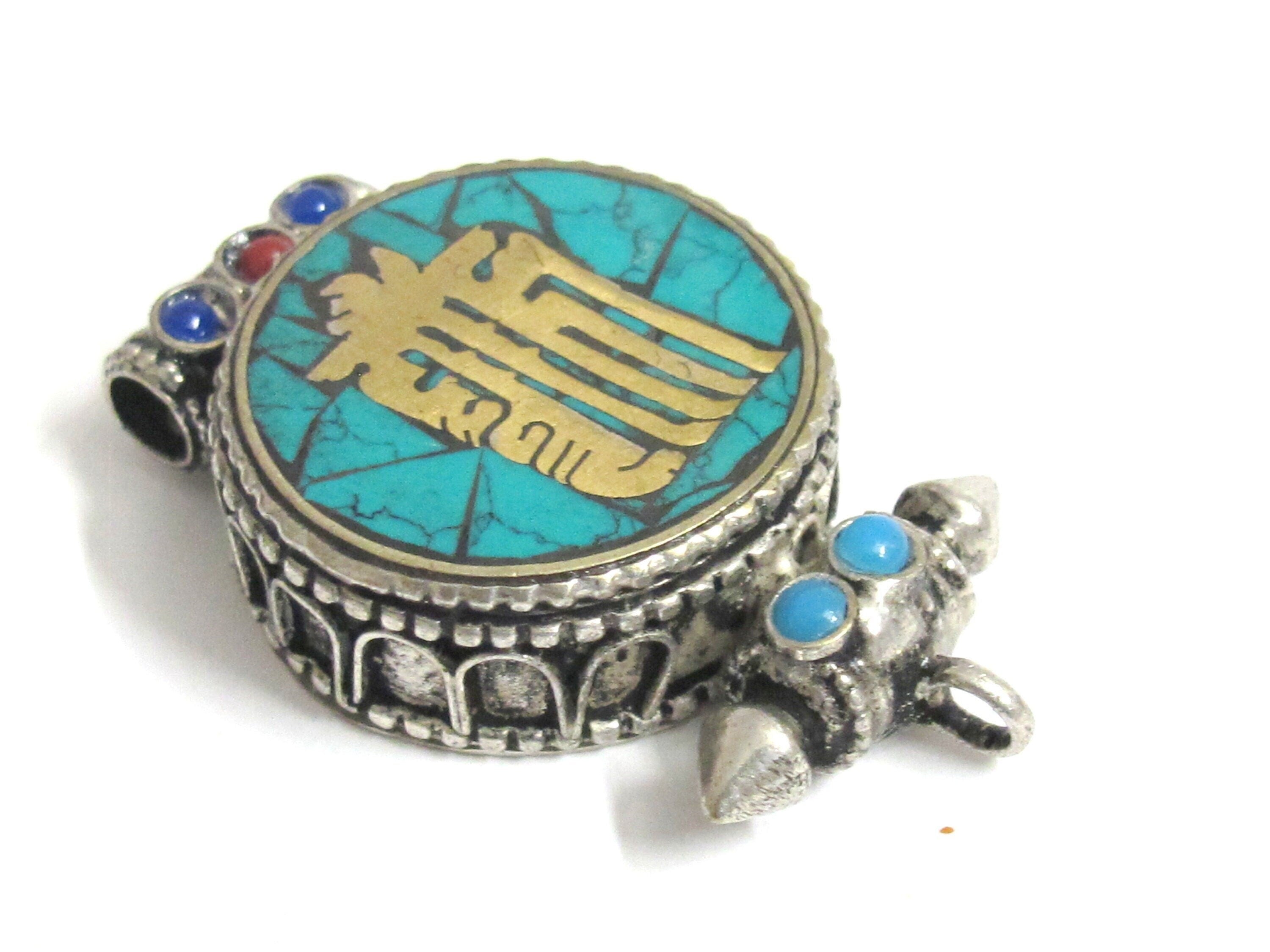 1 pendant - Tibetan antiqued silver finish turquoise brass inlaid Ghau prayer box kalachakra mantra pendant Nepal - PM527L