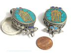 1 pendant - Tibetan antiqued silver finish turquoise brass inlaid Ghau prayer box kalachakra mantra pendant Nepal - PM527L