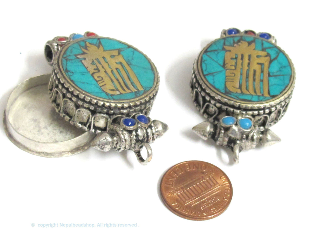1 pendant - Tibetan antiqued silver finish turquoise brass inlaid Ghau prayer box kalachakra mantra pendant Nepal - PM527L