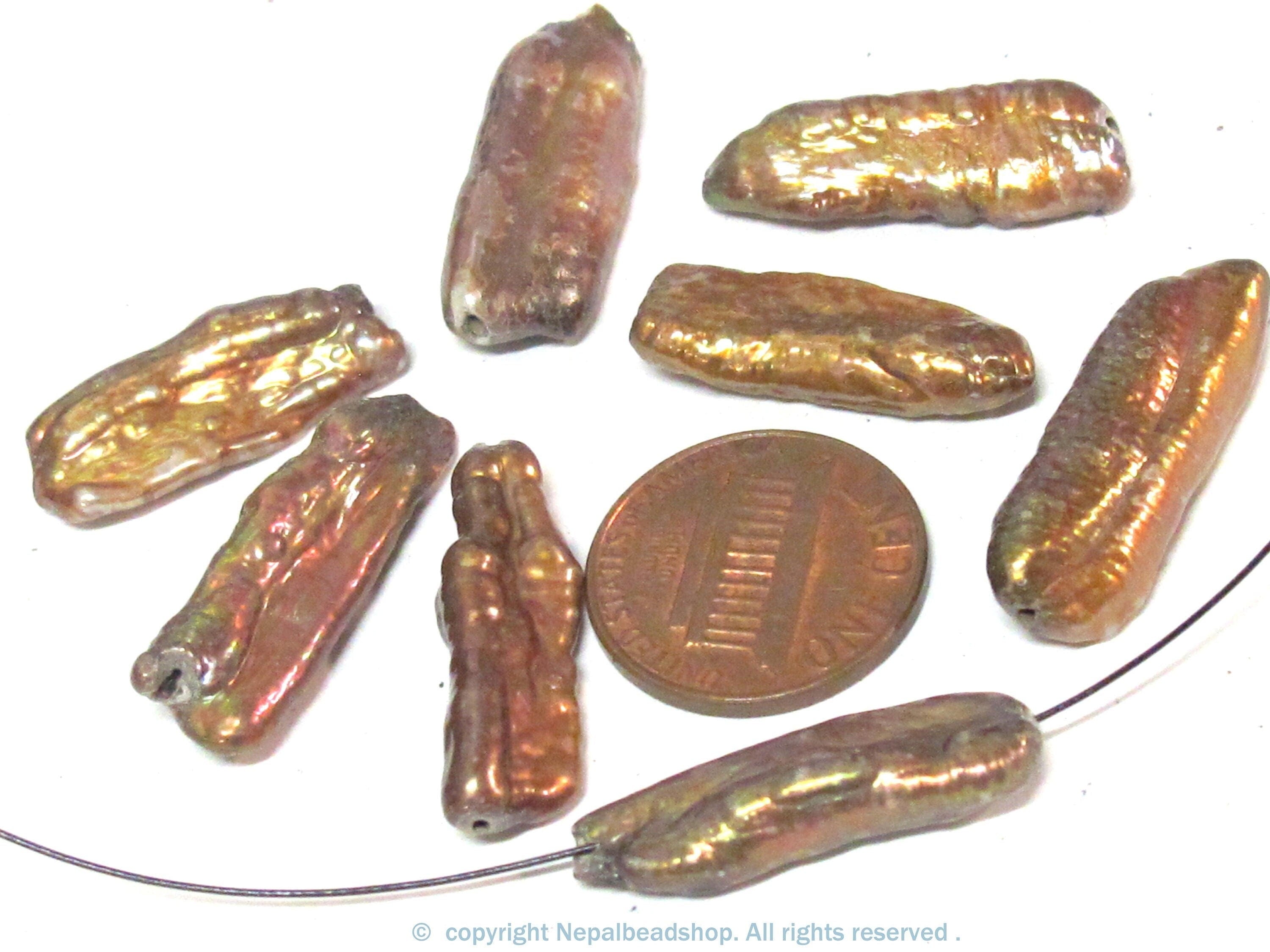 10 Beads - Natural freshwater Biwa cultured pearl sticks golden mustard yellow champagne color - PL006T