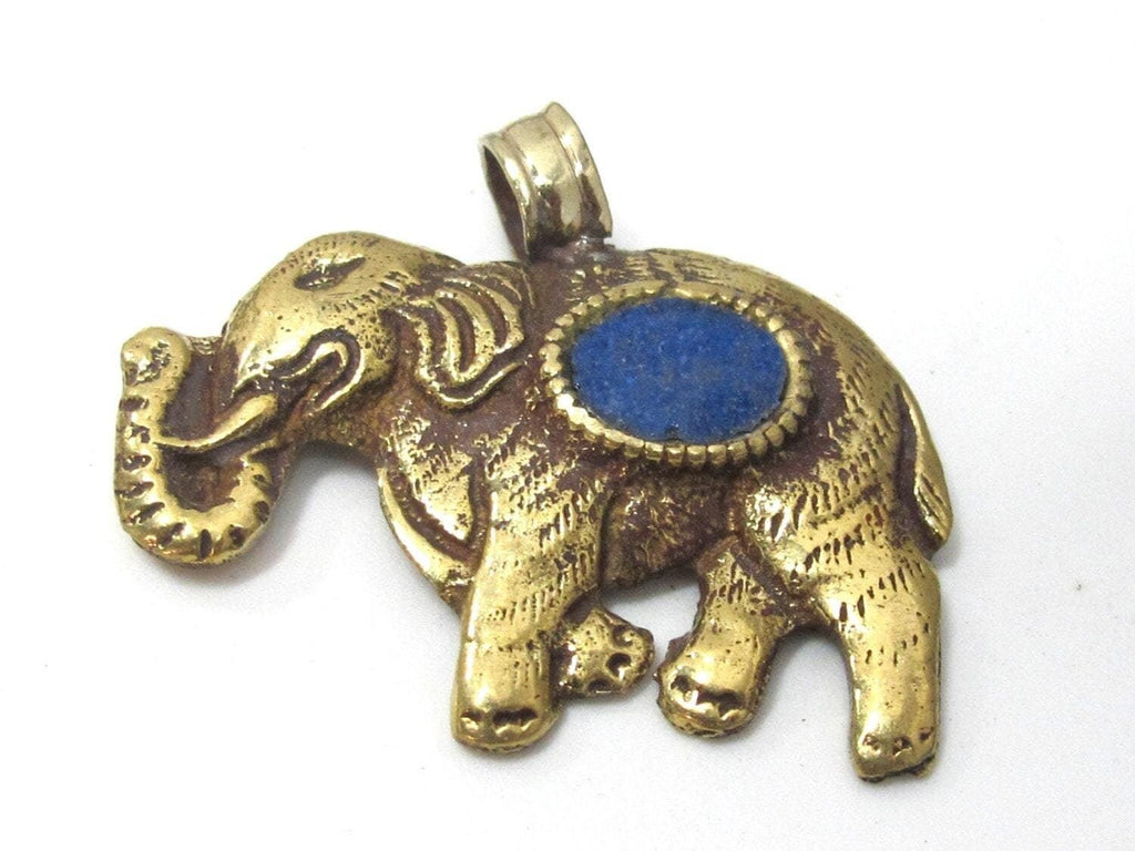 1 Pendant - elephant pendant - Tibetan brass elephant pendant antiqued finish with lapis inlay and reverse lotus flower carving - PM526C