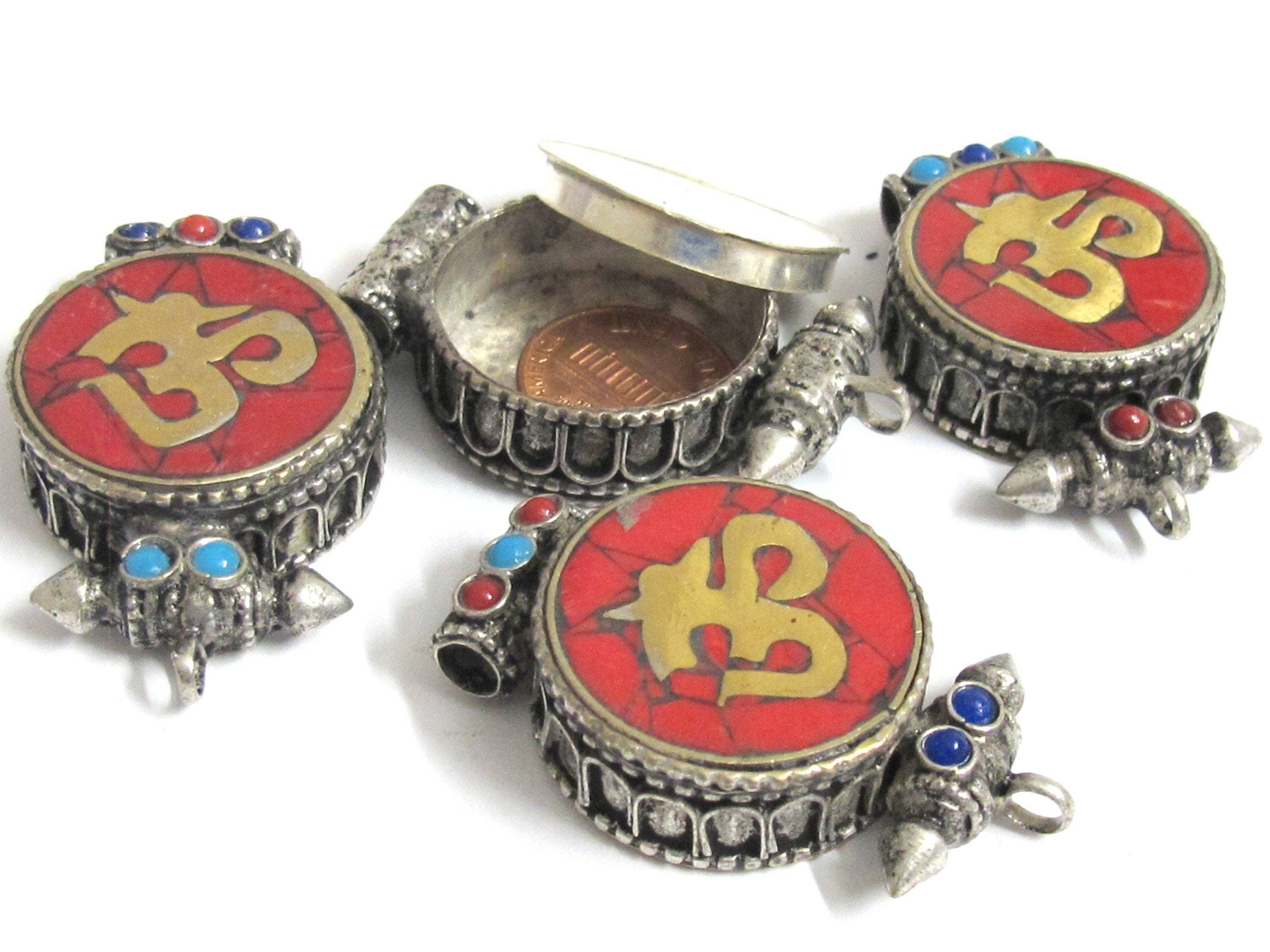 1 pendant gau ghau box - Tibetan antiqued silver finish turquoise brass inlaid Ghau prayer box Om mantra pendant Nepal - PM527M