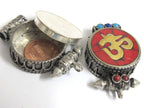 1 pendant gau ghau box - Tibetan antiqued silver finish turquoise brass inlaid Ghau prayer box Om mantra pendant Nepal - PM527M