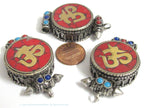 1 pendant gau ghau box - Tibetan antiqued silver finish turquoise brass inlaid Ghau prayer box Om mantra pendant Nepal - PM527M