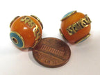 1 Bead - Tibetan copal resin Om mantra bead with brass , turquoise and coral inlay - BD695Bx