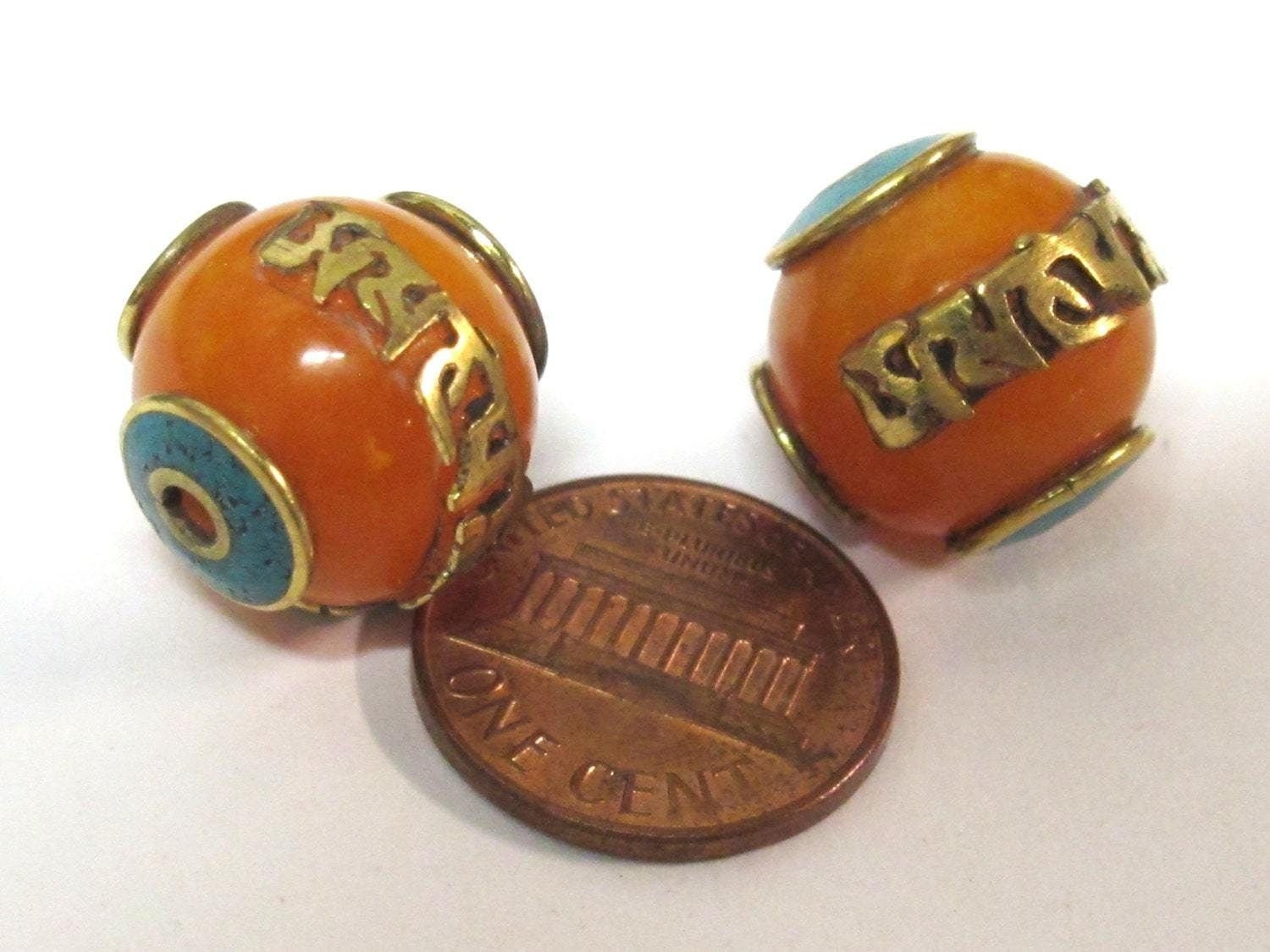 1 Bead - Tibetan copal resin Om mantra bead with brass , turquoise and coral inlay - BD695Bx