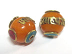 1 Bead - Tibetan copal resin Om mantra bead with brass , turquoise and coral inlay - BD695Bx