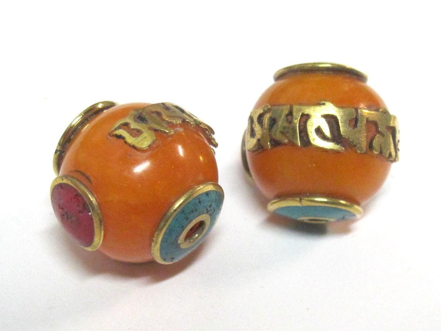 1 Bead - Tibetan copal resin Om mantra bead with brass , turquoise and coral inlay - BD695Bx