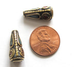 2 Beads - Tibetan cone shape brass beads with turquoise inlay - BD477