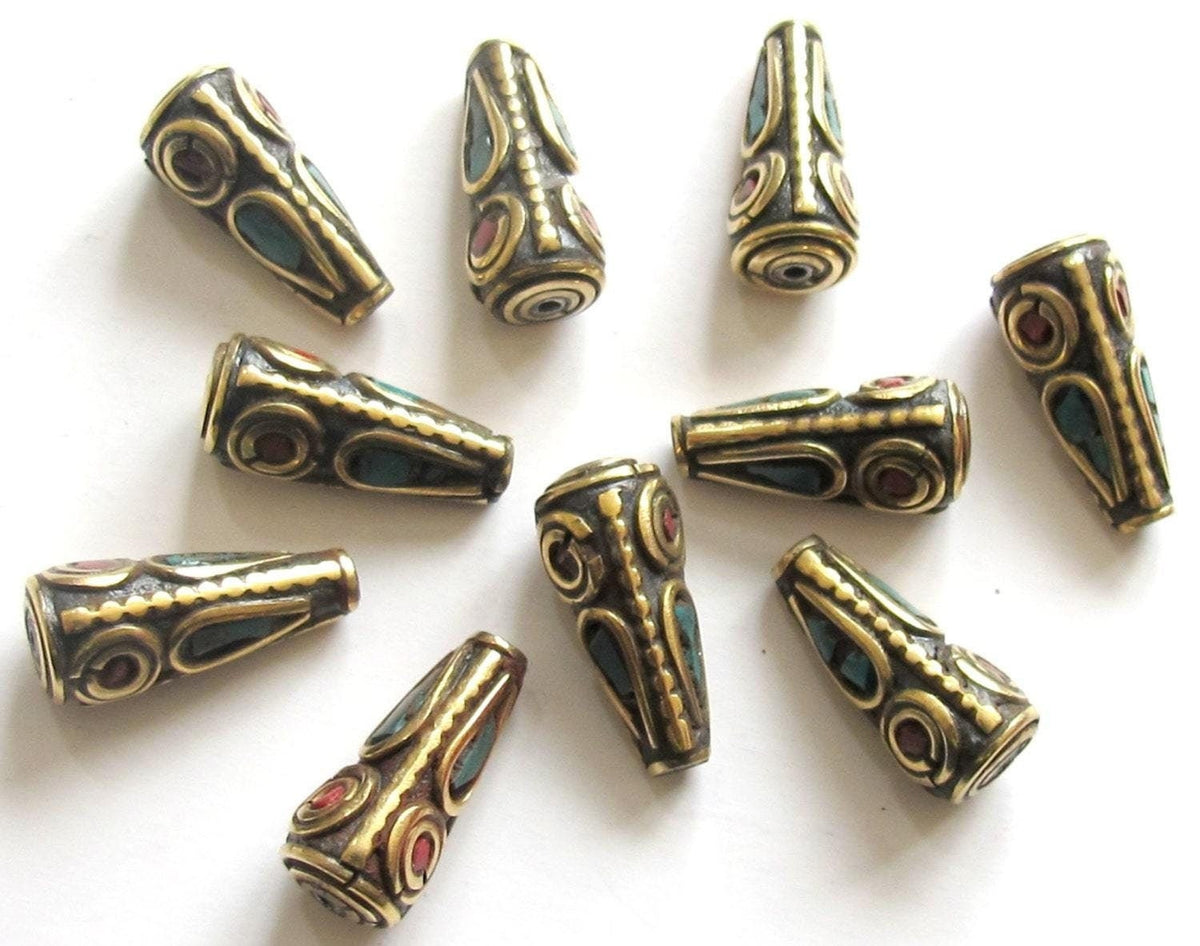 2 Beads - Tibetan cone shape brass beads with turquoise inlay - BD477
