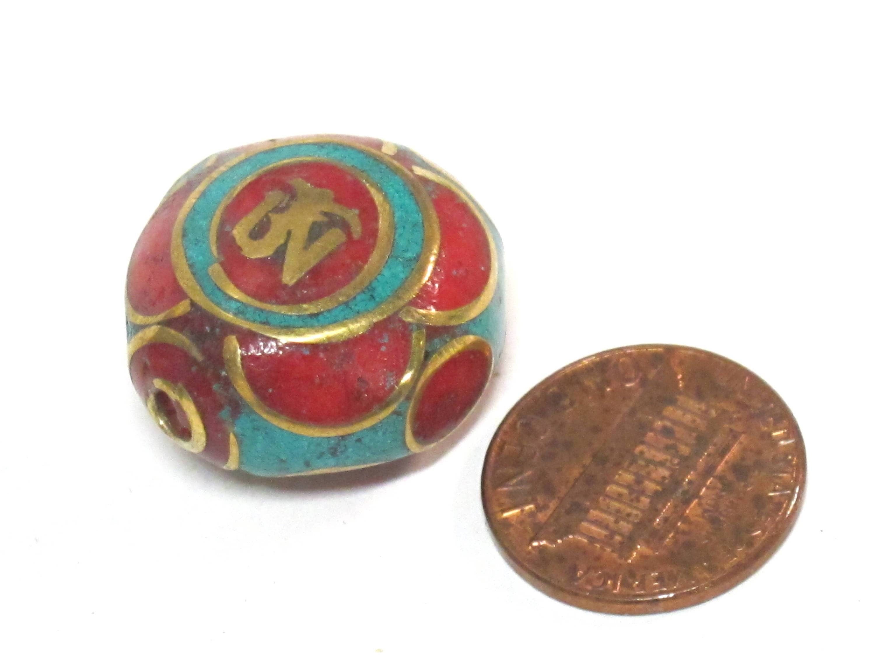 1 BEAD - Ethnic Tibetan om prayer bead with turquoise inlay 23 - 24 mm wide - BD567B
