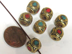 10 Beads - Ethnic Nepal brass beads with turquoise inlay cuboid shape Tibetan beads Nepal beads inlaid beads - BD981s