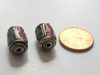 2 BEADS Tibetan barrel tube shape brass beads with turquoise inlay - BD478