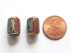 2 BEADS Tibetan barrel tube shape brass beads with turquoise inlay - BD478