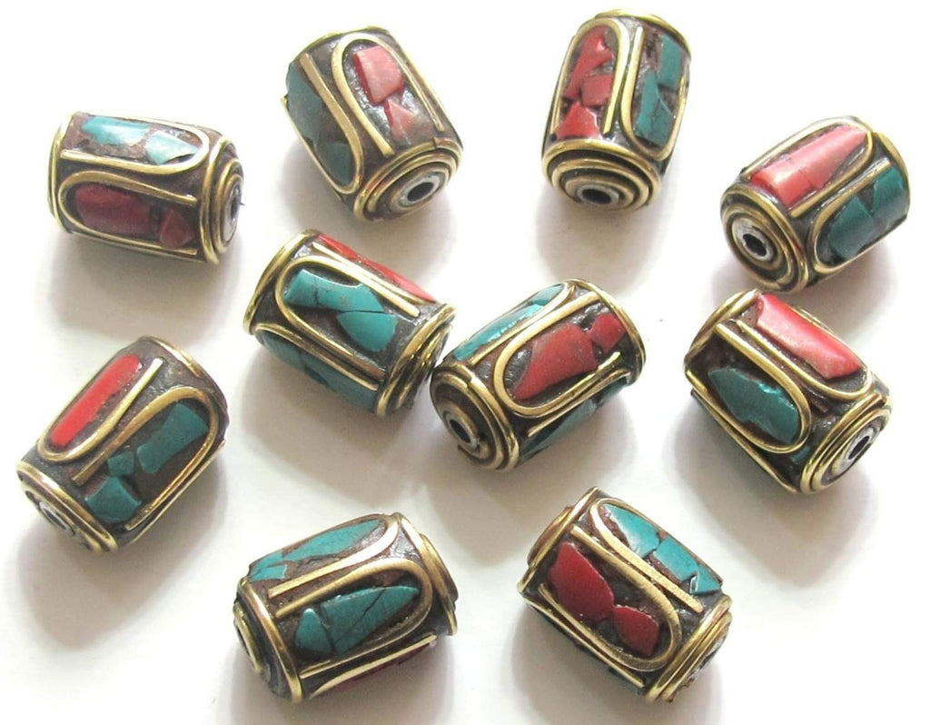 2 BEADS Tibetan barrel tube shape brass beads with turquoise inlay - BD478