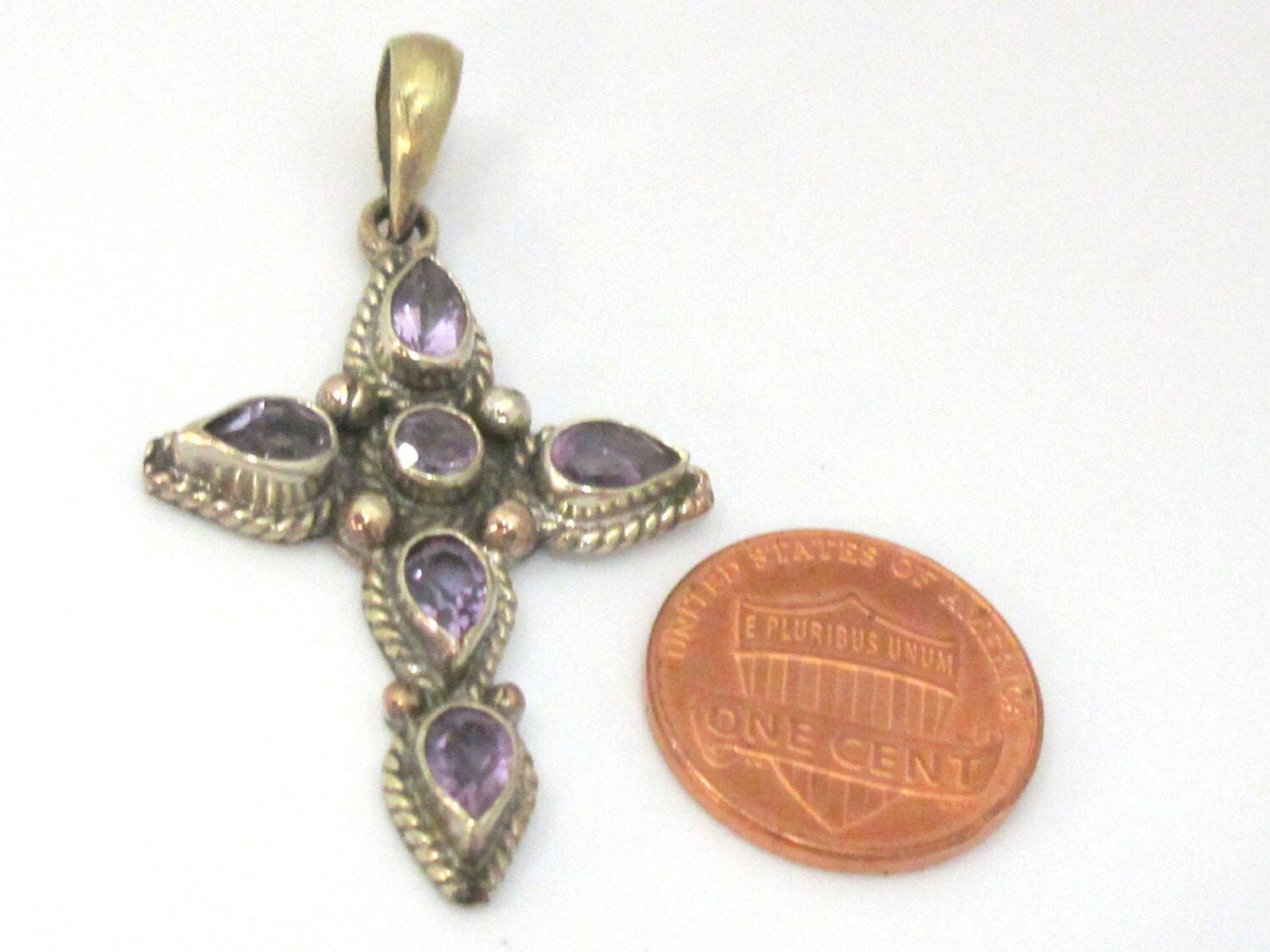1 Pendant - Tibetan silver faceted amethyst gemstone cross pendant from Nepal - PM446C