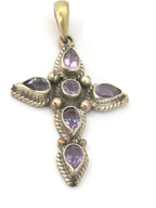 1 Pendant - Tibetan silver faceted amethyst gemstone cross pendant from Nepal - PM446C