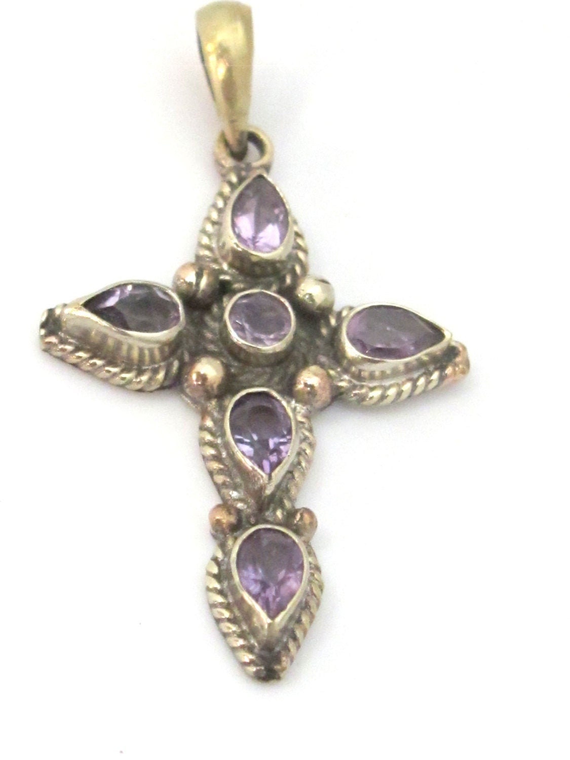 1 Pendant - Tibetan silver faceted amethyst gemstone cross pendant from Nepal - PM446C