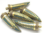 1 Pendant - Long turquoise inlaid Tibetan horn shape Brass pendant with dotted brass inlays from Nepal - PM255A