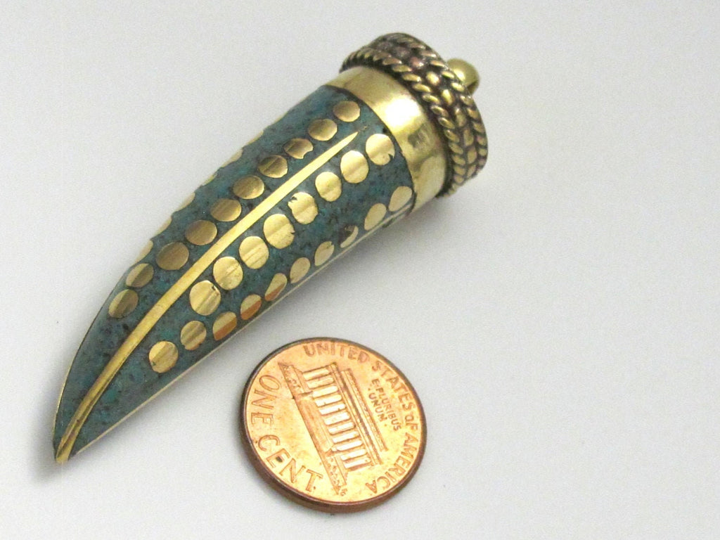 1 Pendant - Long turquoise inlaid Tibetan horn shape Brass pendant with dotted brass inlays from Nepal - PM255A